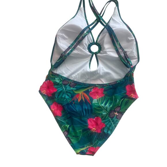 Swim Summer Beach Tropical Printed Hollowed Out One Piece Floral Sz XL - Picture 4 of 9